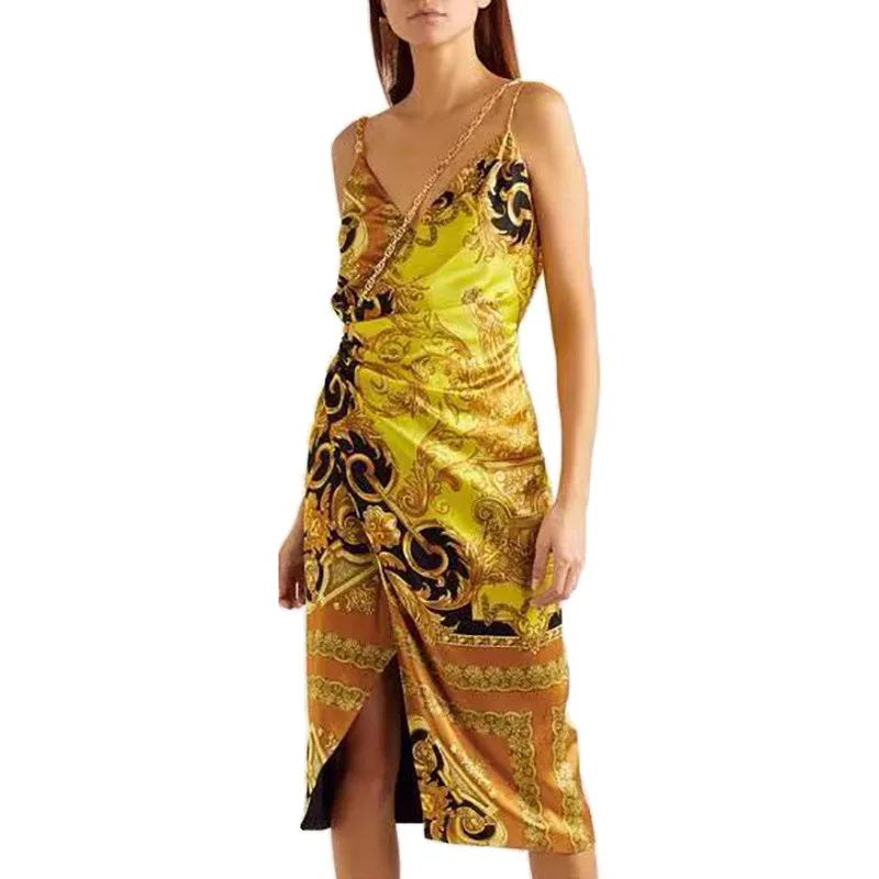 

High Quality Spring and Summer Women New Palace Style Retro Printing Metal Chain Imitation Silk Sling Dress