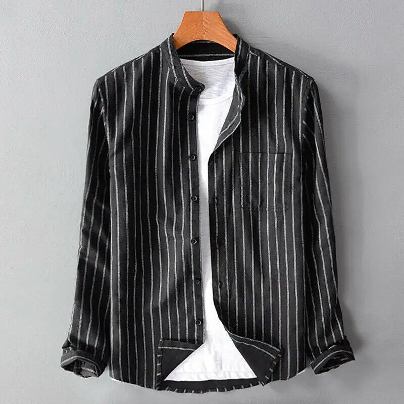 

Retro Striped Mens Long Sleeve Shirt Collarless Grandad Casual Dress Shirts Tops