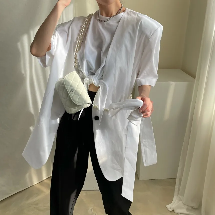 

Korejpaa Women Jacket 2021 Summer Korean Chic Minimalist Temperament V-Neck One-Button Short-Sleeved Lace-Up Solid Color Blazers