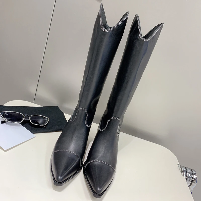

New Genuine Leather Women Boots Luxury Pointed Toe With Logo Keen High Boots Designer Tall Boots for Women Black Boots
