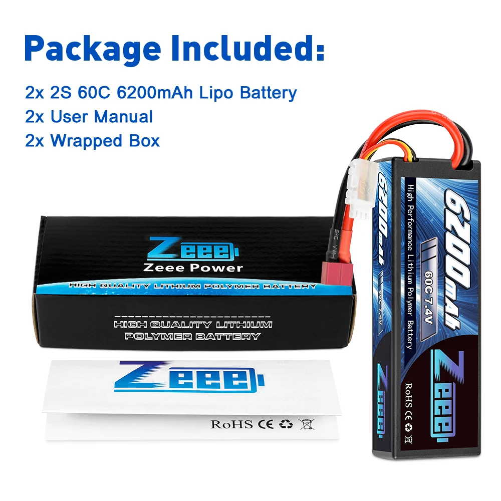 1/2units Zeee 7.4V 60C 6200mAh Lipo Battery with Deans Plug 2S Hardcase RC Lipo Battery for RC Car Truck Vehicles Truggy Boat images - 6