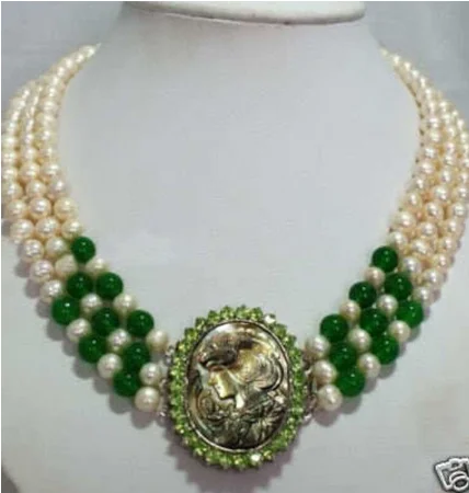 

Natural 3 row white Freshwater 7-8MM pearl & green jade necklace