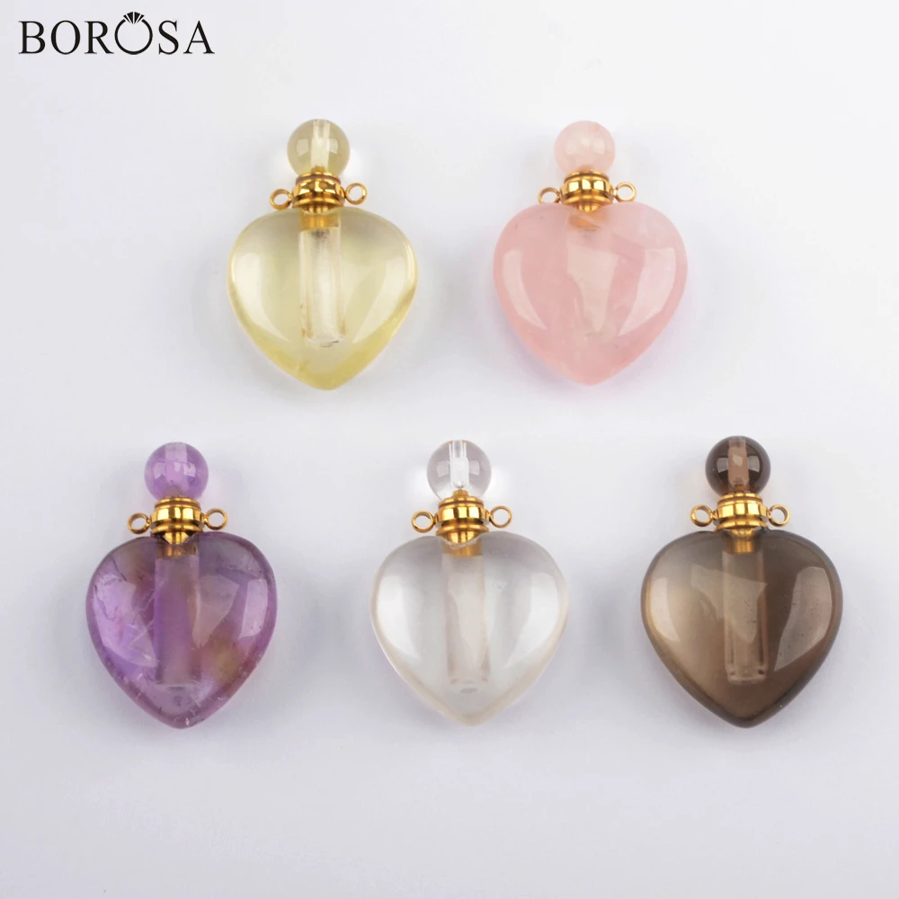 

BOROSA Heart Gems Stones Perfume Bottle Pendant Rose Crystal Amethysts Essential Oil Diffuser Necklace Connector for Women