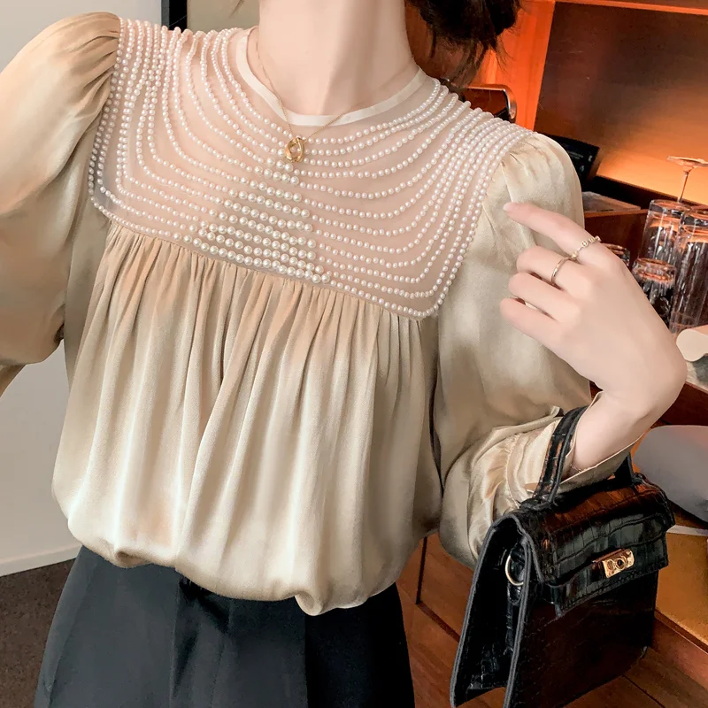 

Pearl Mesh Stitch Chiffon Long Sleeved Korean Autumn Elegant Fashion Blouses And Tops Women'S Shirt Clothing 2021 Female Vintage