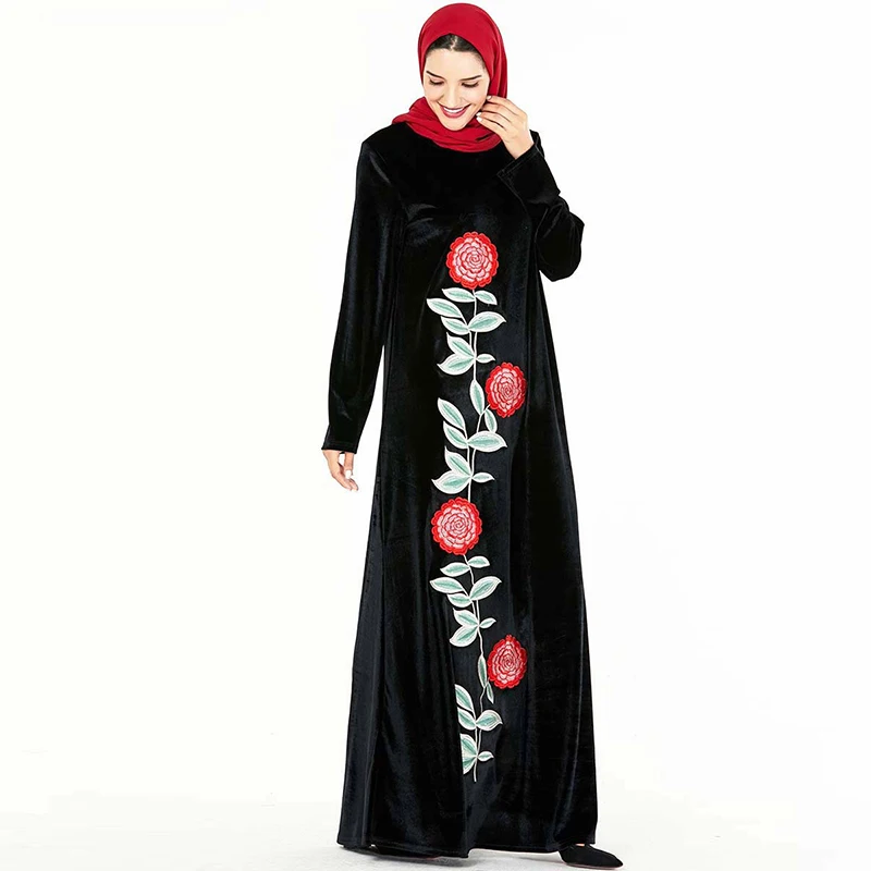 

Black Floral Velvet Abaya Dubai Muslim Dress Islamic Clothing Hijab Turkish Dresses Women Caftan Marocain Kaftan Robe Kleding