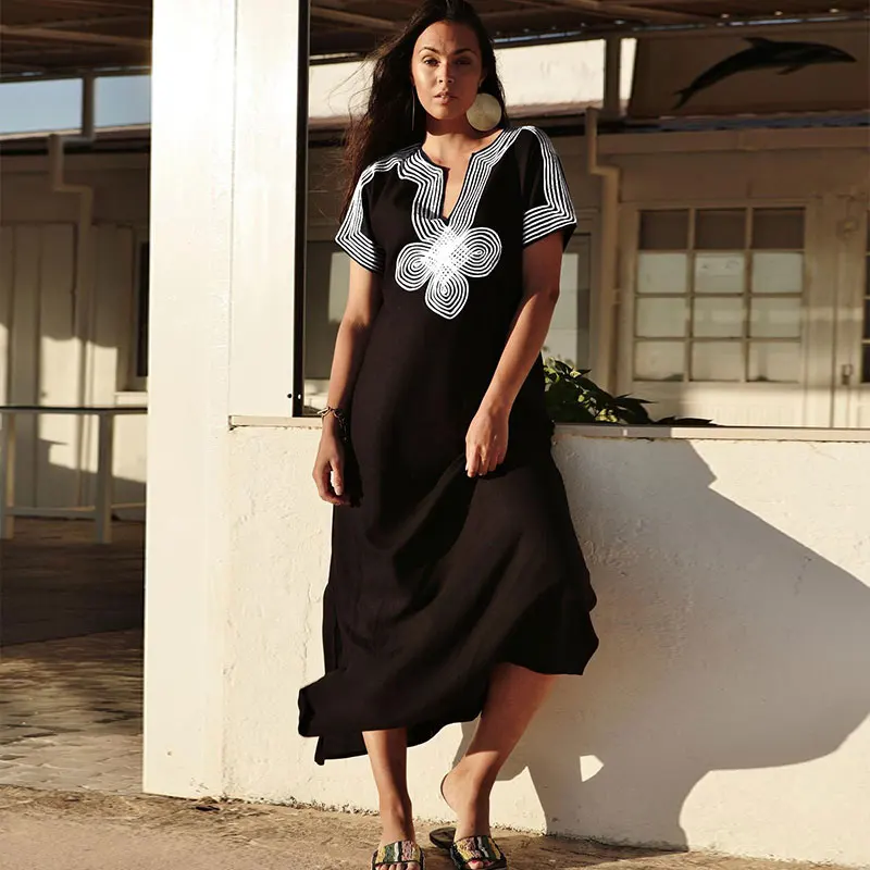 

2021 Black Elegant Gold Embroidered V-neck Short Sleeve Side Split Loose Dress Tunic Women Streetwear Kaftan Maxi Dresses N1206