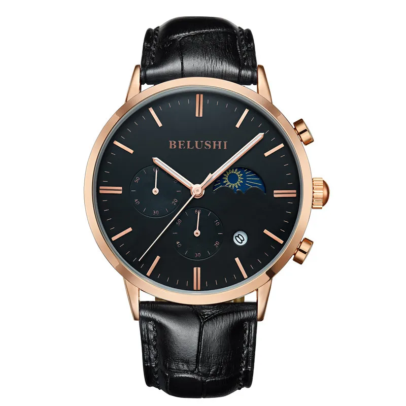 

Luxury Men Chronograph Quartz Watches Genuine Leather Moon Phase Men's Wristwatches Fashion Male Waterproof Clock reloj hombre