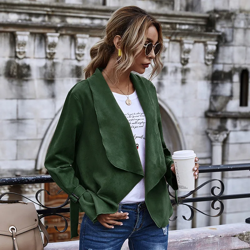 

Women's Autumn and Winter Solid Color Big Lapel Suede Long Sleeve Open Stitch Coat