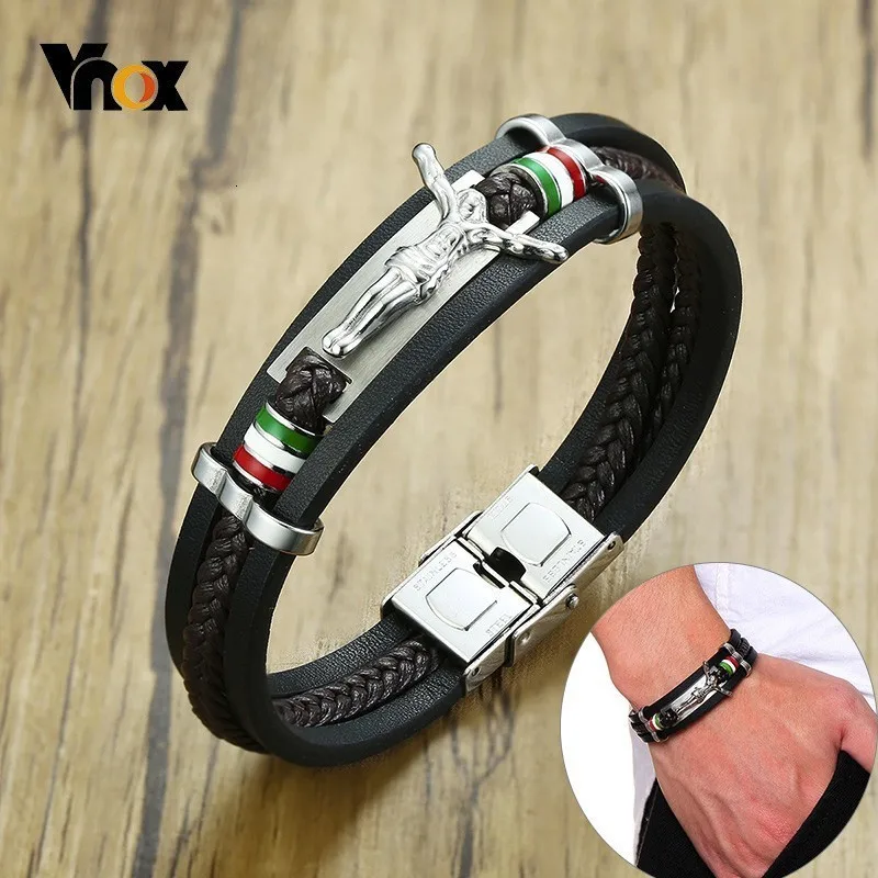 Мужской браслет Vnox многослойный из натуральной кожи с изображением Иисуса