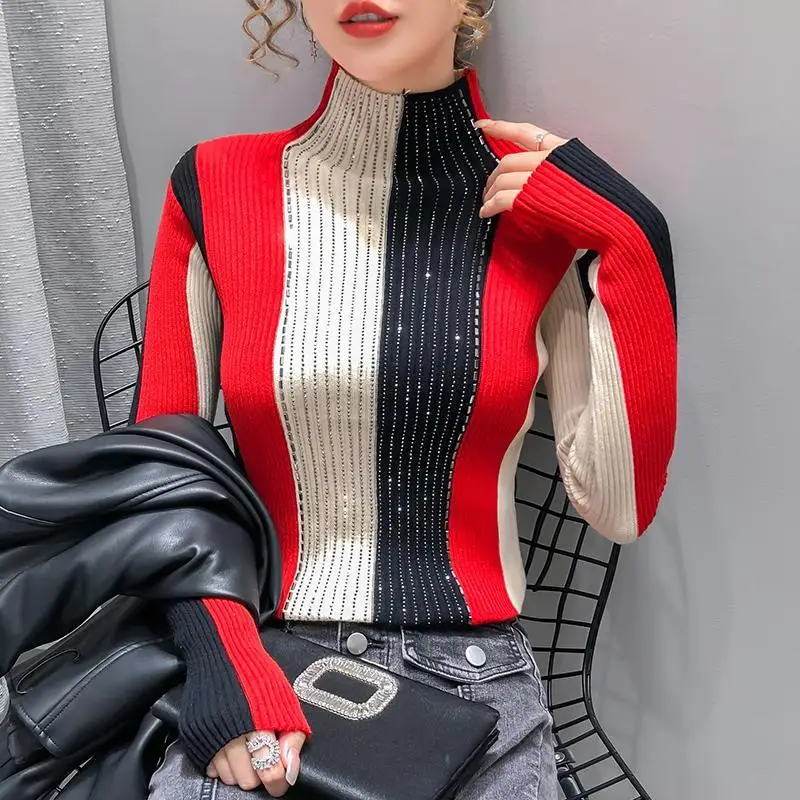 

2022 New Women's Turtleneck Sweater Spring Autumn Color Matching Knitted Pullover Heavy Industry Hot Drilling Bottoming Shirt