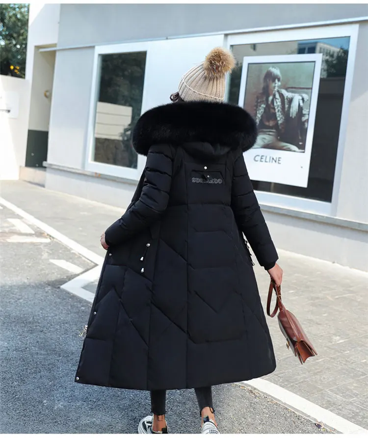 

2021New Fashion Ladies X-Long Slim Fur Collar Coat Winter Jacket Women Elegant Drawstring Solid Hooded Down Parka Outwear Female