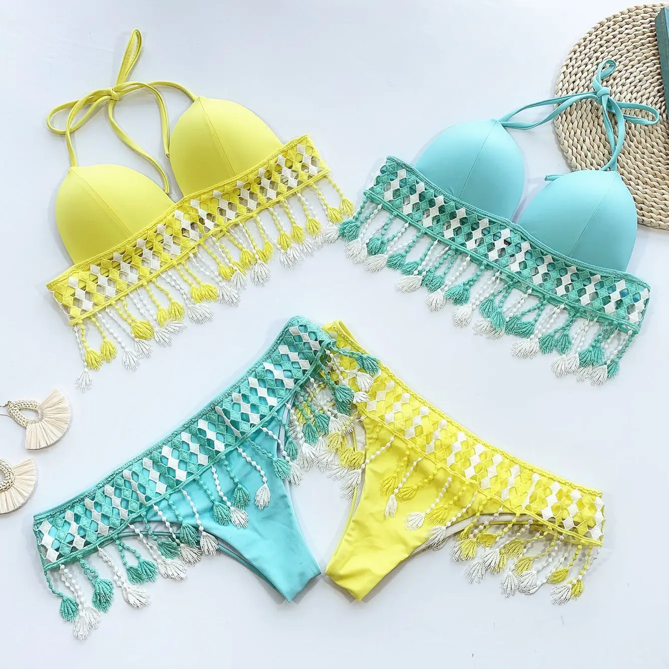 Женские однотонные бикини Плетеный Разделение Одежда для пляжа без рукавов с