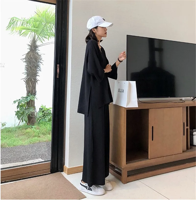

CBAFU loose knitted suit autumn winter women set loose v neck pullovers sweater knit pants wide legs suit female tracksuit P551
