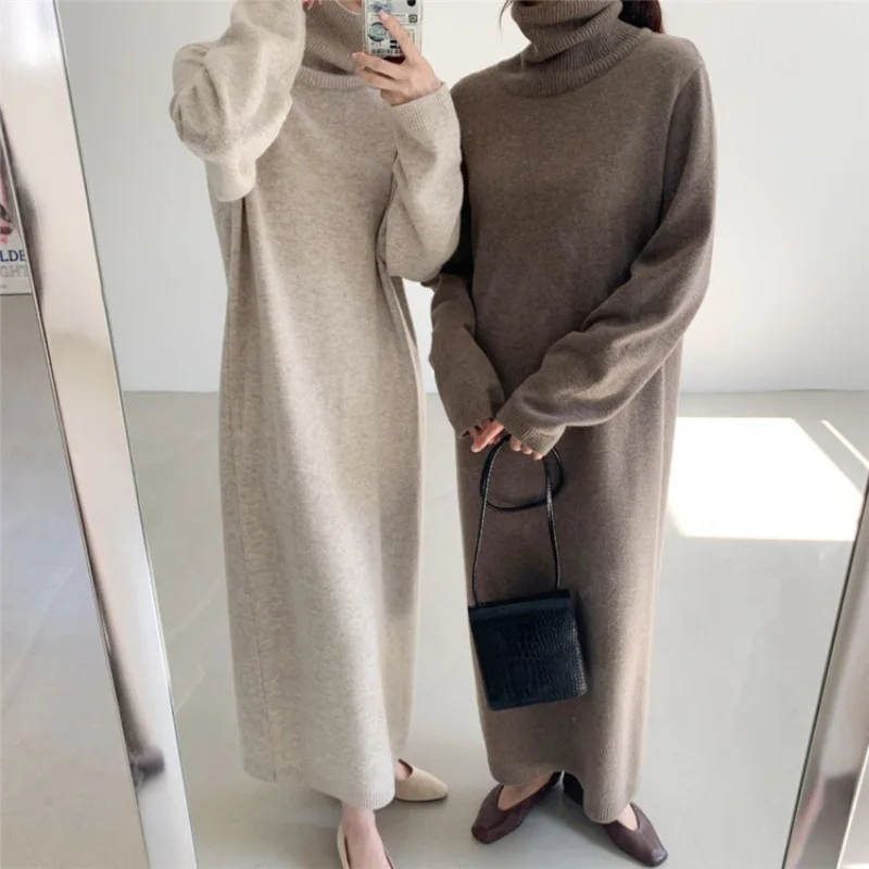 

Casual Thicken Warm Women Knitted Dress Full Sleeve Loose Turtleneck Female Sweater Dresses 2021 Autumn Winter Vestidos