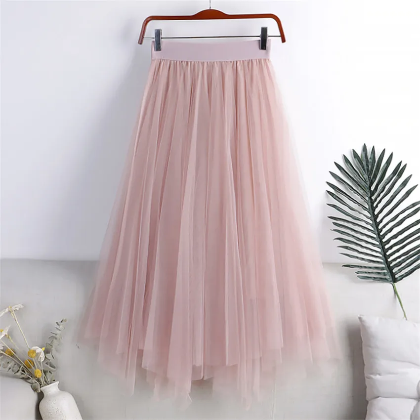 

Fashion Spring Women Irregular Double-layer Mesh Skirts Autumn Lady Elastic Waist Skirt Midi Long A-line Skirt Bottomings 1542