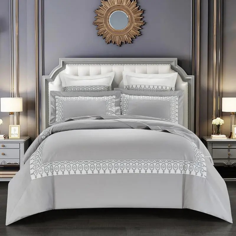 

Chic Home Embroidery White Grey Gold Bedding set Queen King size 4Ps Egyptian Cotton Comforter Cover Bed sheet Set Pillow shams