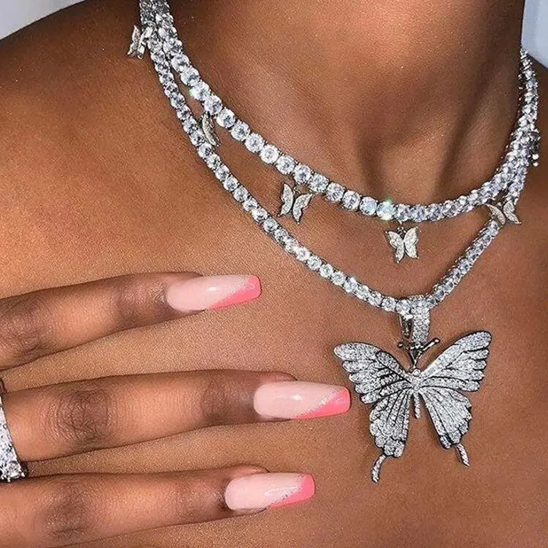 

Luxury Shiny Bling Crystal Butterfly Pendant Necklace for Women Multicolor Rhinestone Tennis Chain Necklace 2020 Fashion Jewelry