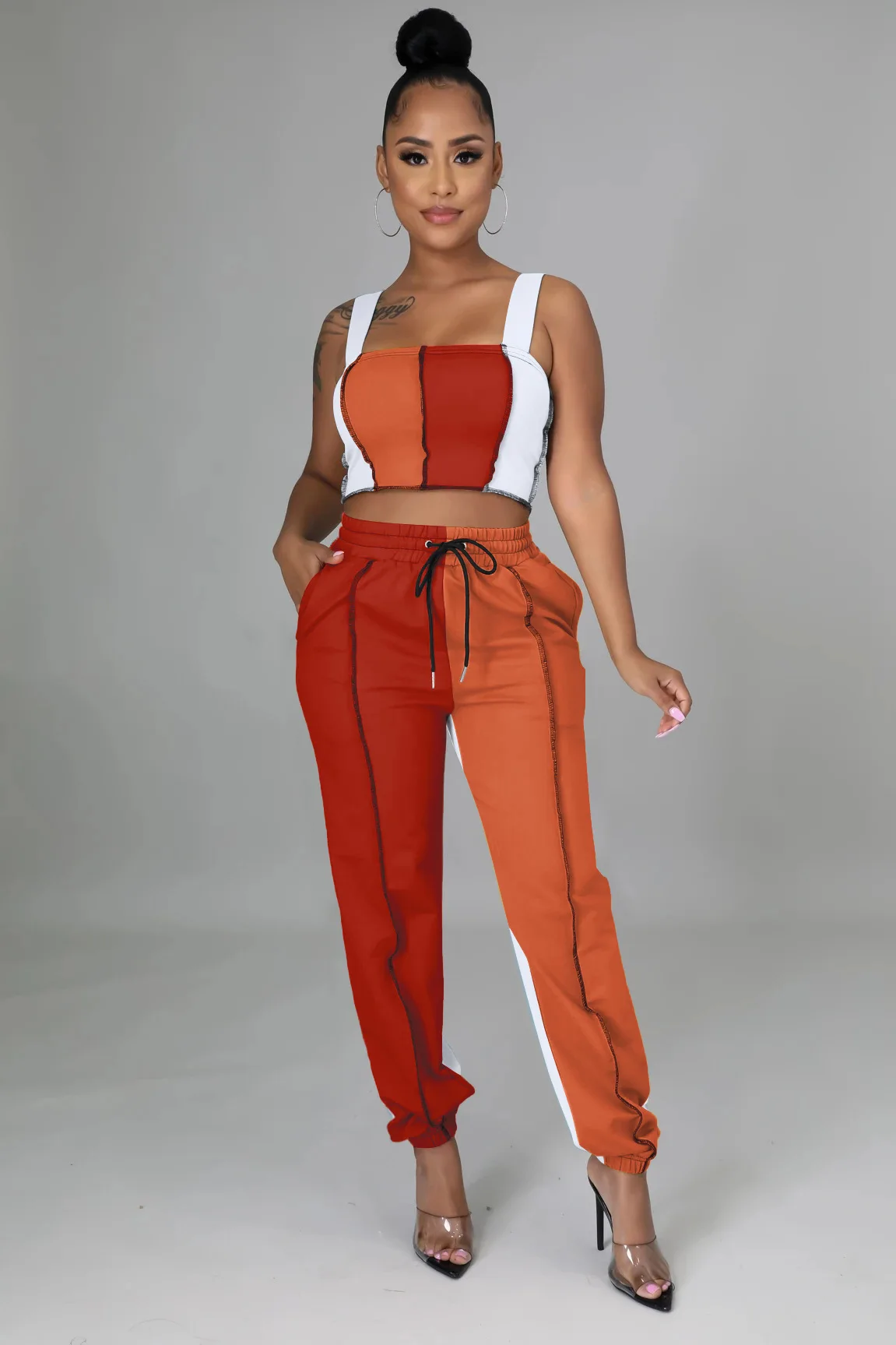 

Женский Повседневный комплект из двух предметов, топ без рукавов с квадратным вырезом и брюки разных цветов