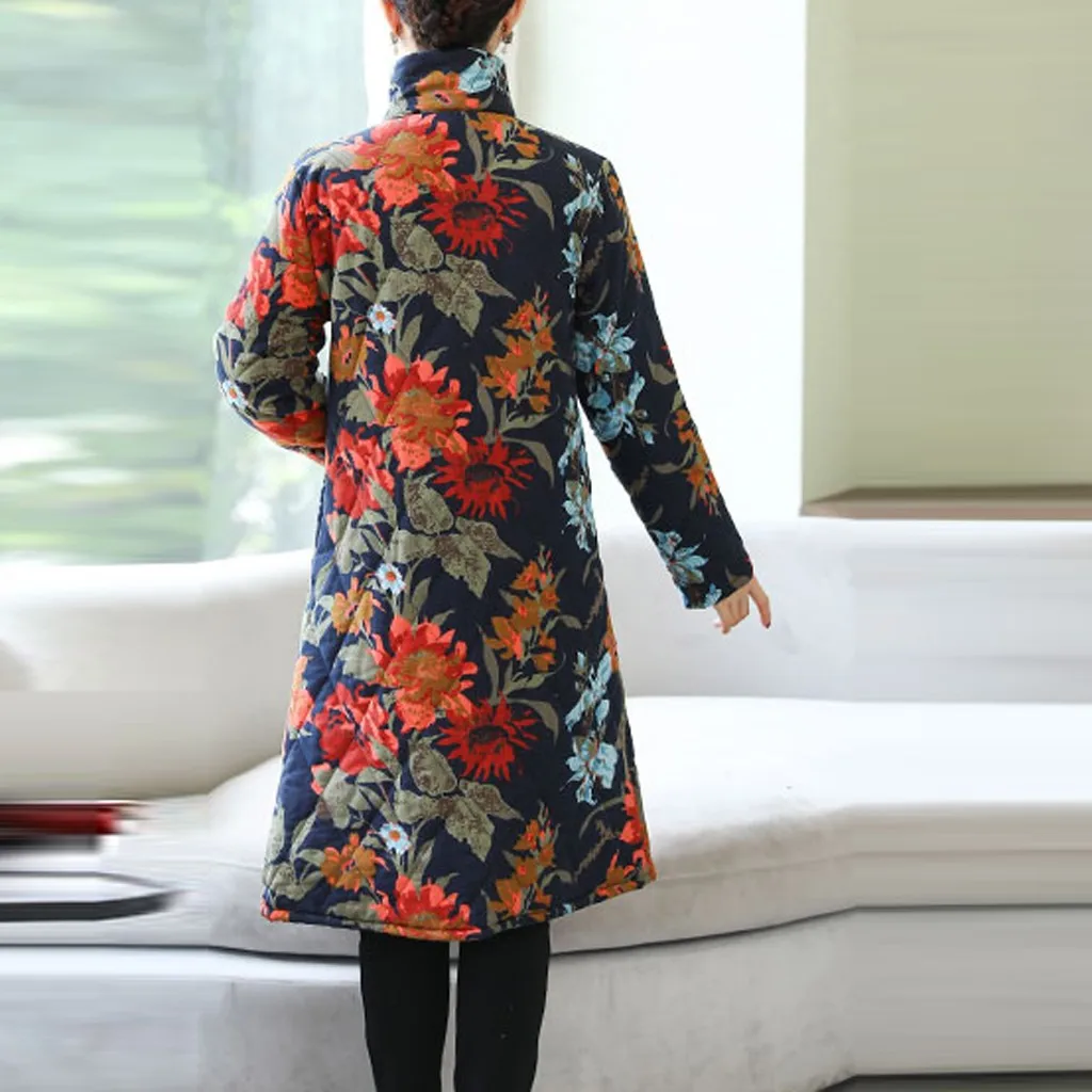 Новинка, зимняя женская куртка, плюс размер, 5xl, вельветовое пальто, женское, винтажное, с цветочным принтом, хлопок и лен, толстая, теплая, длинная парка#3