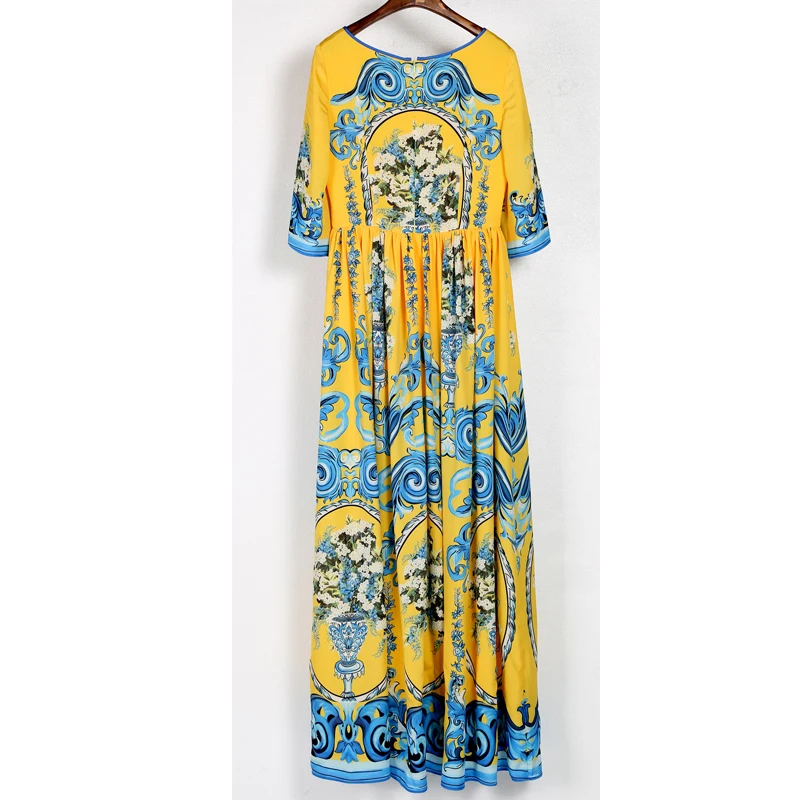 SEQINYY Long Dress 2020 Spring Autumn New Fashion Design Women Half Flare Sleeve Flowers Printed Vintage Elegant Yellow | Женская одежда