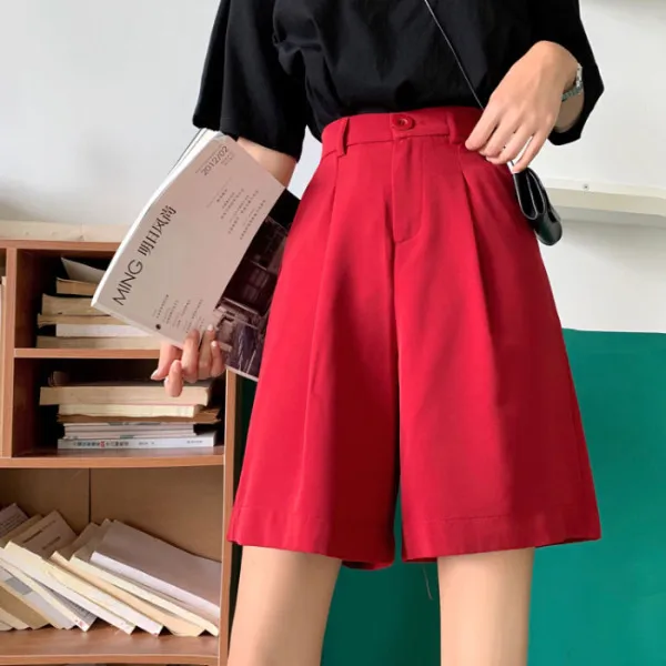 The New Korean Style Casual Suit Pants Women's Straight Leg Loose Hong Kong Flavor Was Thin High Waist Five-Point Pants Shorts