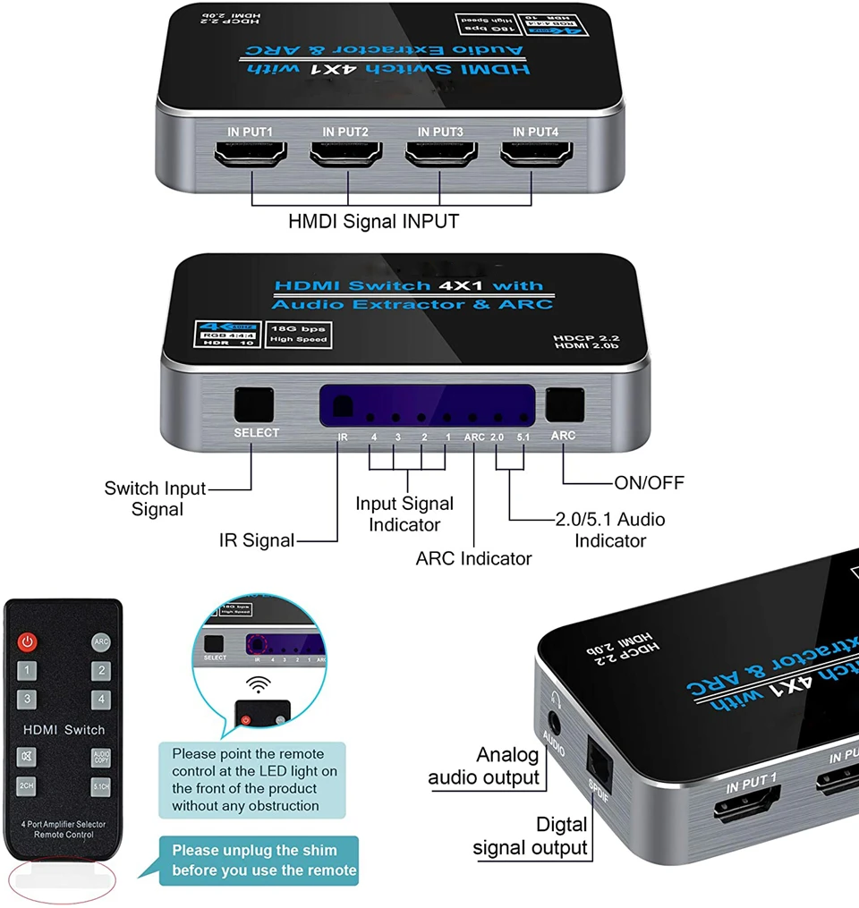 Мини экстрактор аудио 4x1 4K HDMI переключатель с ARC и оптическим Toslink 2 0 60 Гц