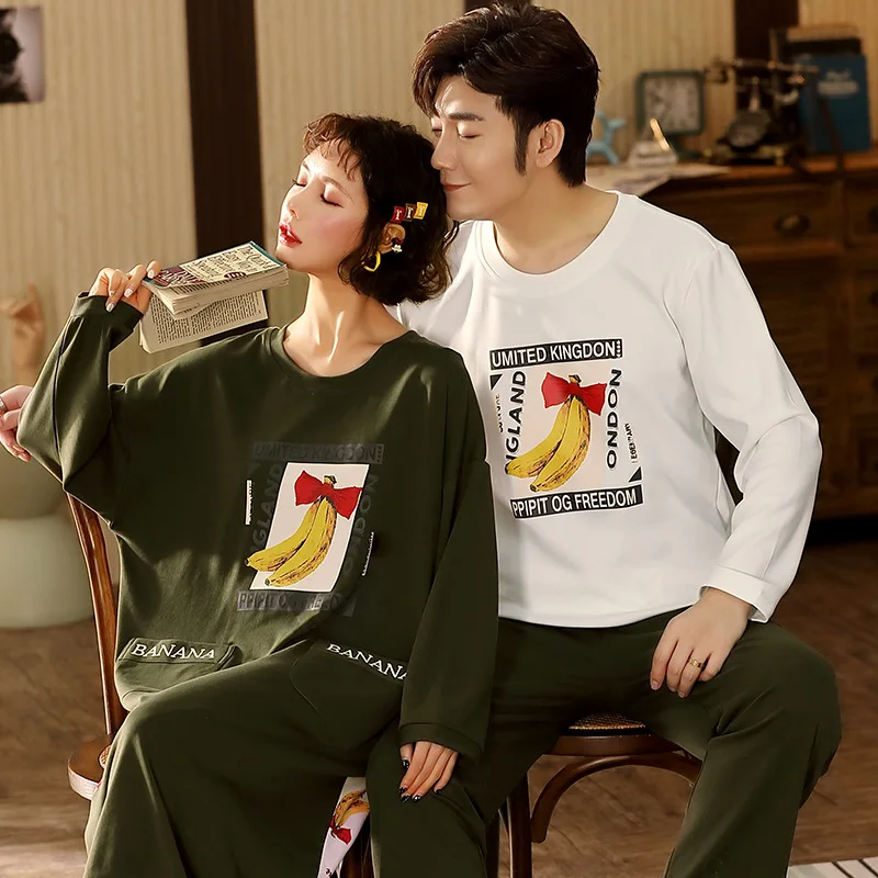 

Simple Casual Couple Pajamas Set Autumn Winter Cotton Longs And Shirt Women Sleepwear Cute Casual Pajama Green Graffiti Homewear