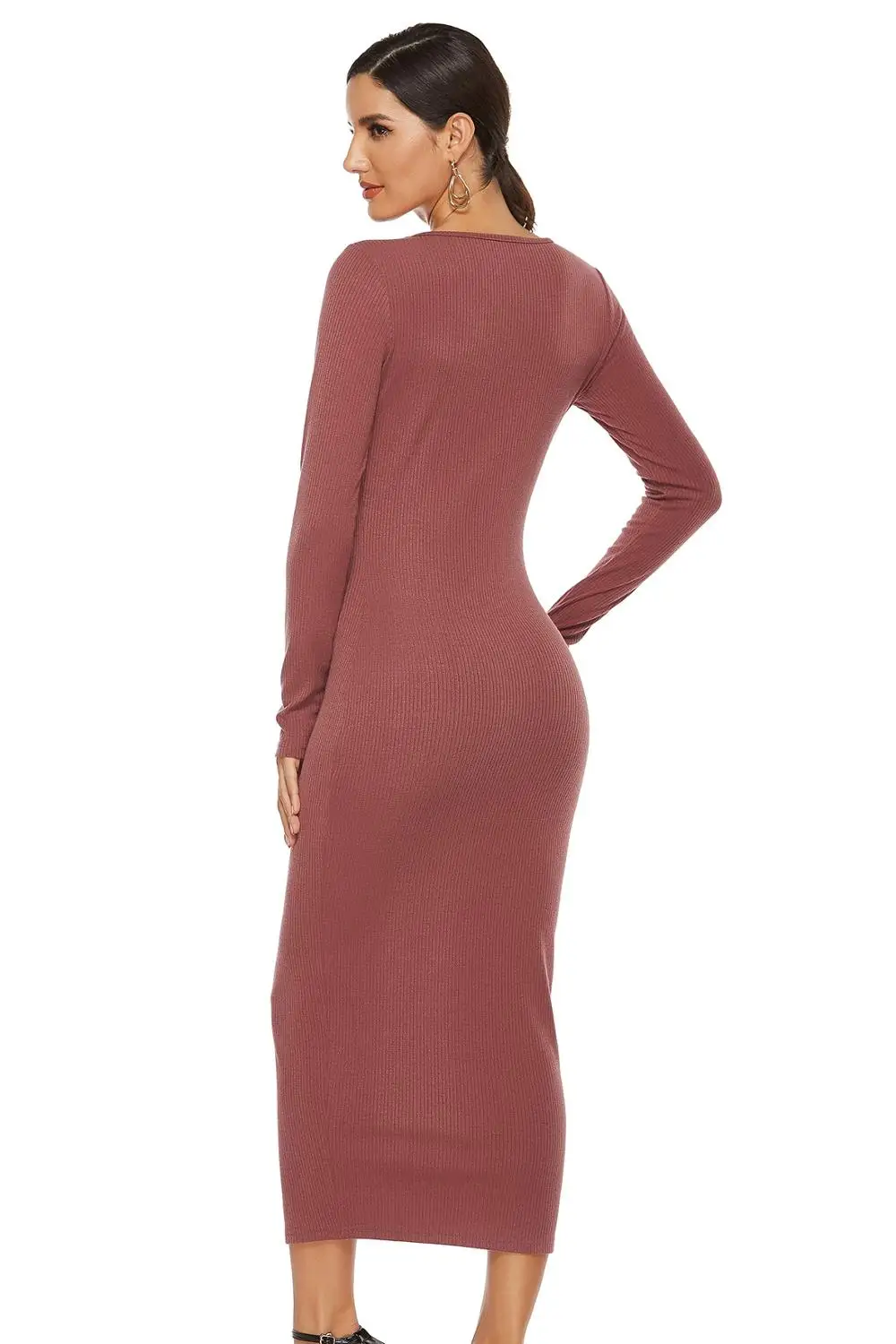 

Sexy V-neck Women Dress Solid Color Slim Long Sleeve Knitted Pencil Dress Skinny Elegant Women Autumn Stretch Mid-calf Dress