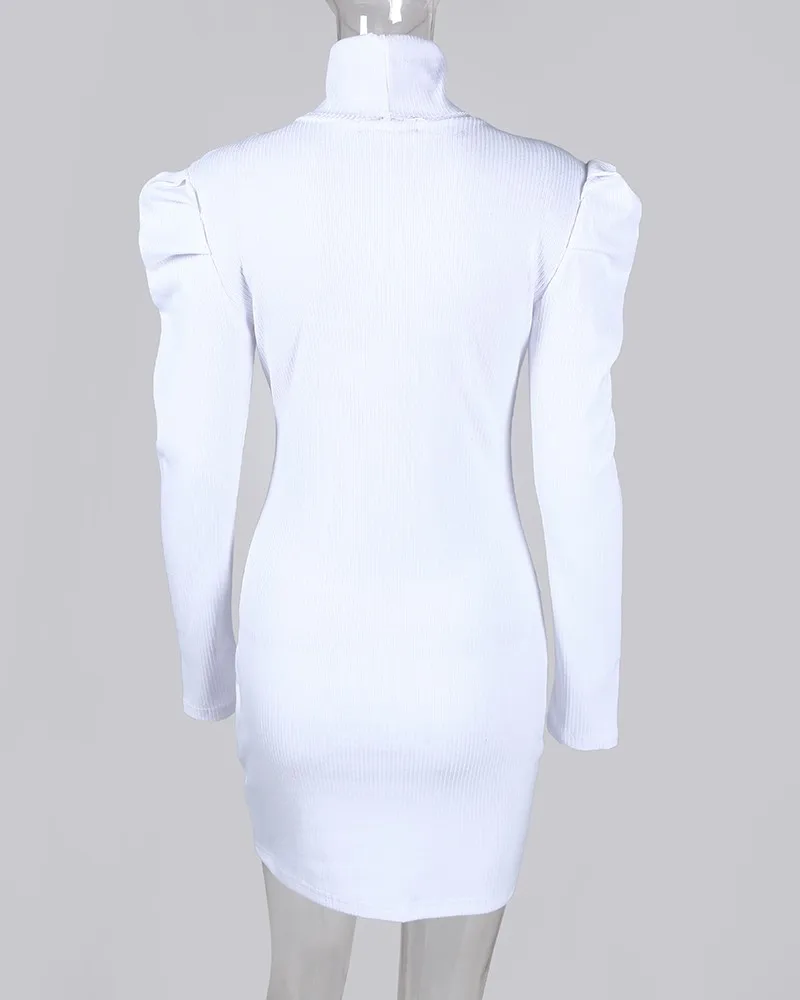 

Solid Ribbed Puff Sleeve Bodycon Dress