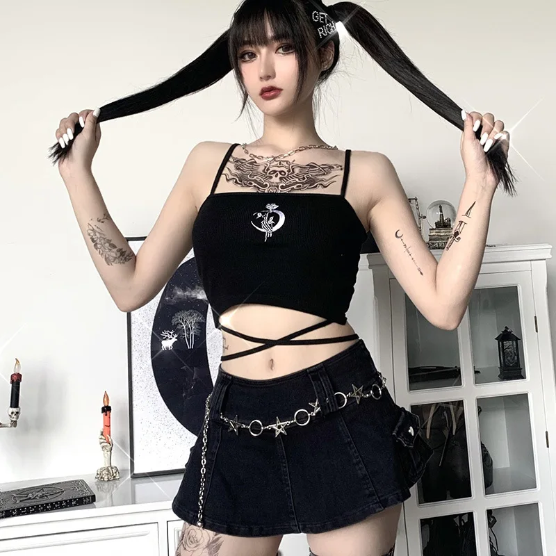 

GothGotik Gothic Sexy Black Rose Print Camis Tops For Women Punk Summer Casual Streetwear Spaghetti Strap Party Club Outfits