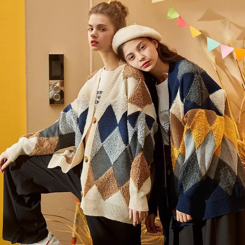 

Женский вязаный кардиган в стиле ретро, осенне-зимний Кардиган с узором ромбиками, Свитер оверсайз, свободный воротник, женские свитера, кур...