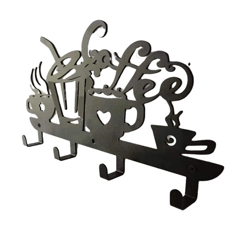 

T3EC Creative 4-Hook Wall Mount Coffee Cup Drain Hook Black Metal Mug Rack Wall Hanging Design Cup Drain Hanger Cup Holder