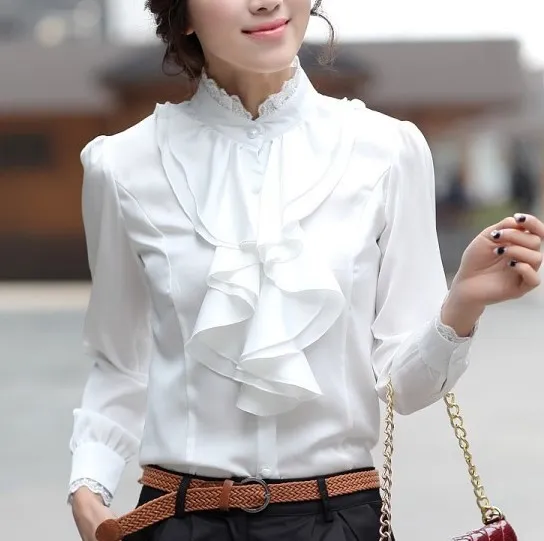 

Women Pink White Silver Tops Blouses Long Sleeve Womens Work Ruffle Shirts Stand Collar Slim Waist Shirts Office Ladies Camisa