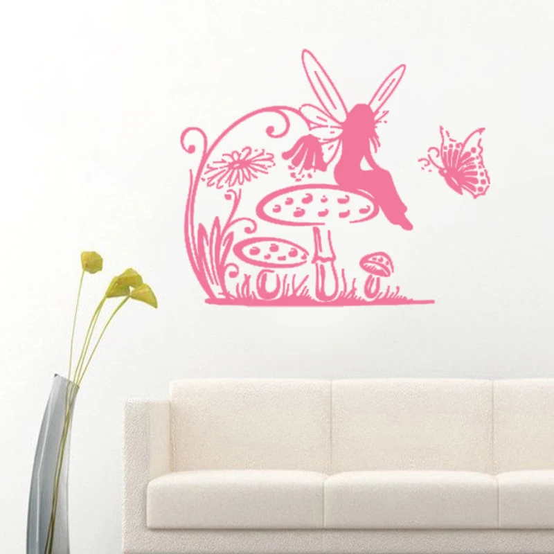 

Female Fairy Sitting On Mushroom Wall Stickers Home Decor Living Room Cartoon Wall Decals For Nursery