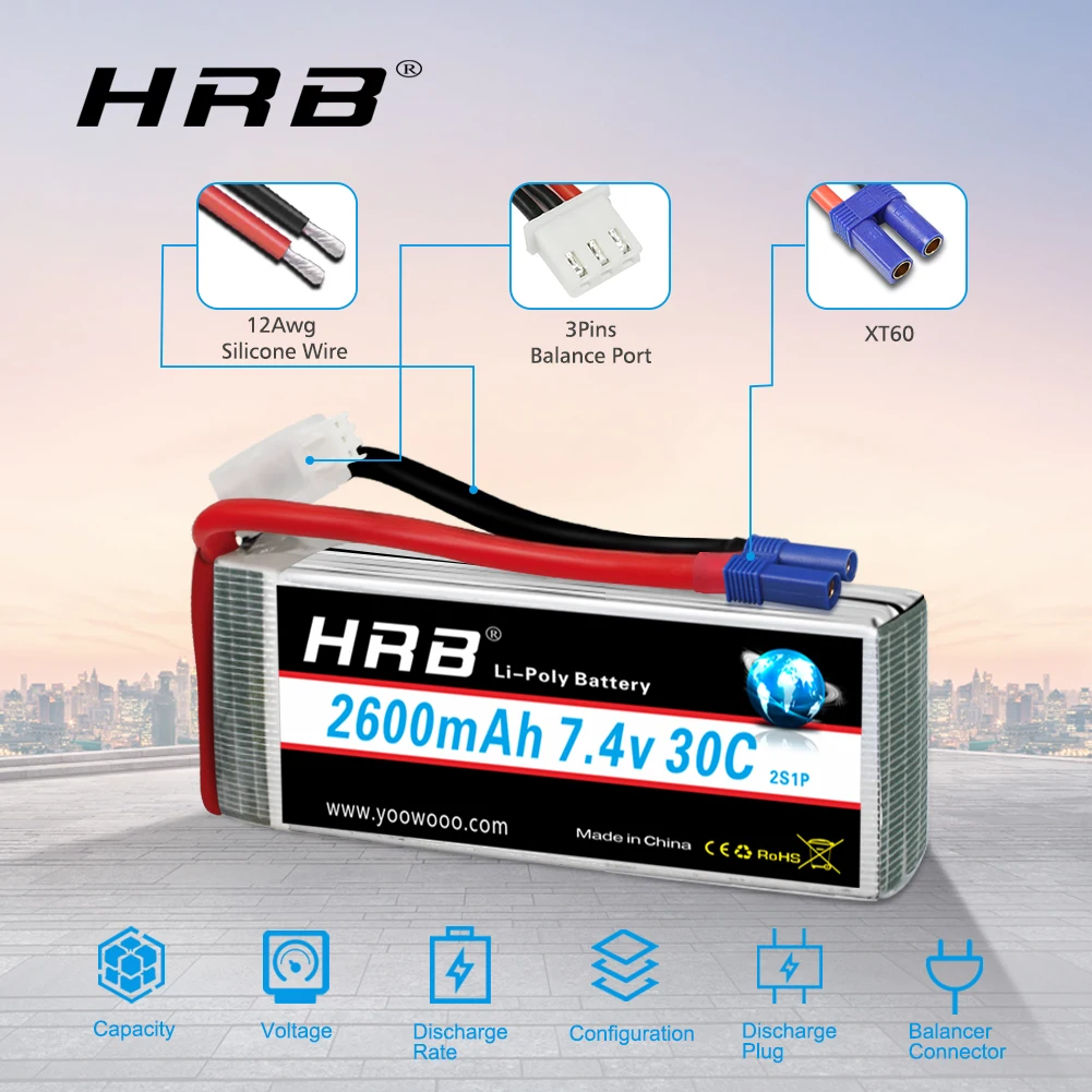 HRB 2S Lipo Аккумулятор 7.4V 2600мАч для дрона 30C с разъемами Deans EC2 EC3 для Hubsan H501S Wltoys V262 V333 RC самолета Quadcopter on.