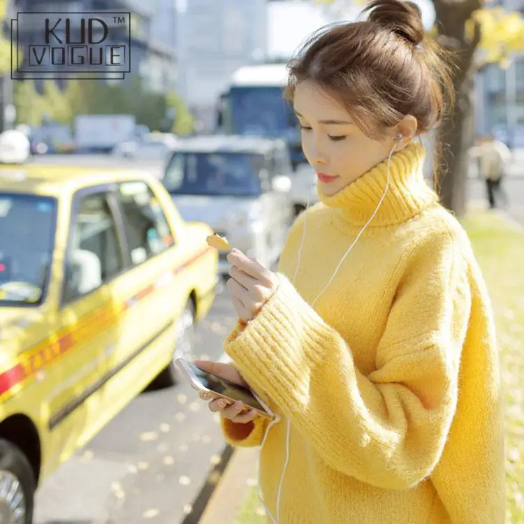 Warm Jumper Yellow Sweater Turtleneck Full Sleeve Regular Knitting Pullover Solid Standard Winter Women Fashion 2018 Casual | Женская