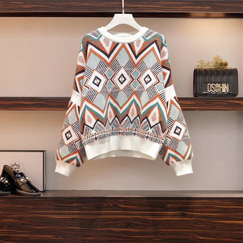

Plus size high quality Sweater Spring Autumn Loose Knitted Sweater Geometric Embroidery Pullover Women O-Neck Sweater female Top