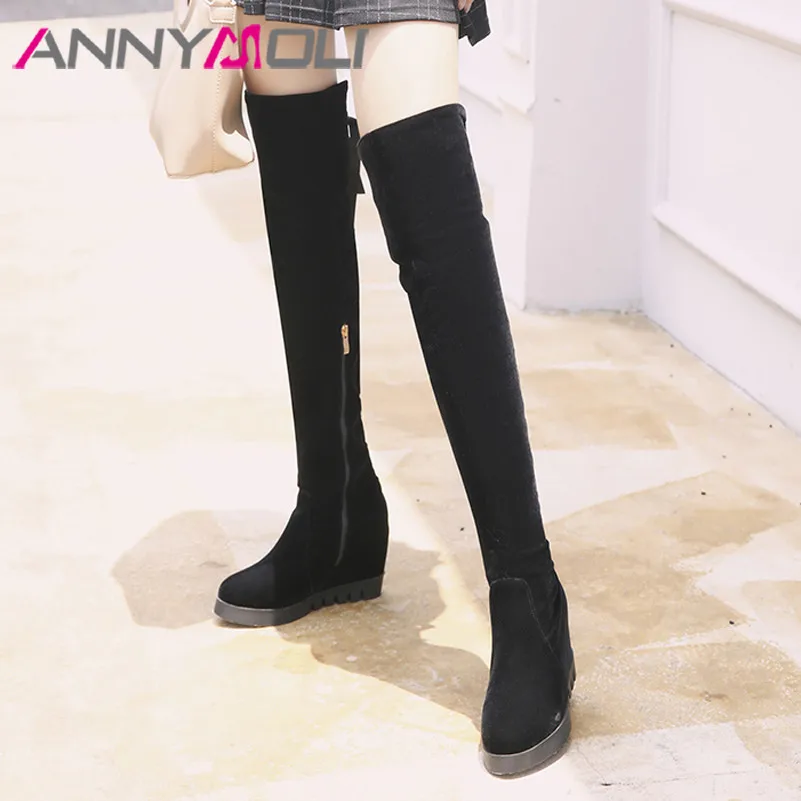 

ANNYMOLI Over The Knee Boots Woman High Heel Long Boots Lace Up Height Increasing Heel Thigh High Boots Zip Lady Shoes Black 43