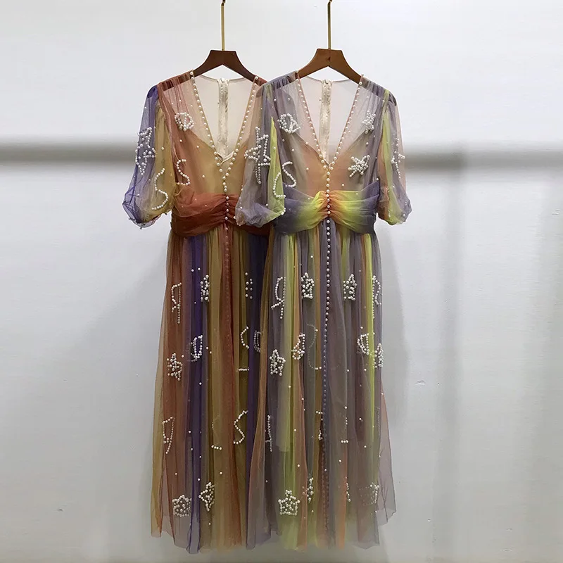 

High Quality Summer New Fairy Skirt French Temperament Fashion V-neck Heavy Industry Handmade Beaded Puff Sleeve Dress