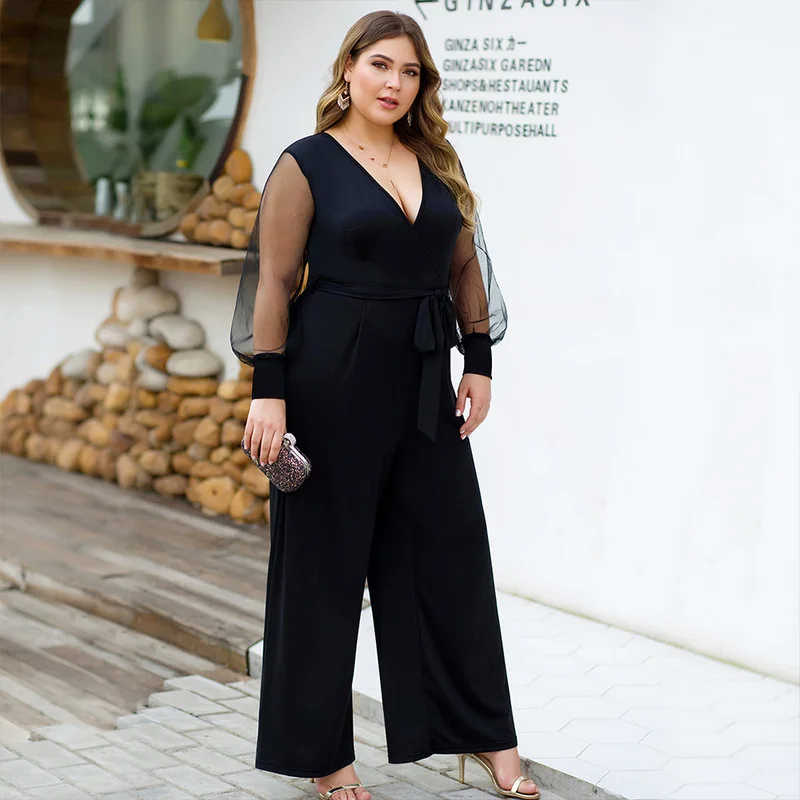 Для женщин комбинезон большой размер черный костюм с сеткой модные вечерние