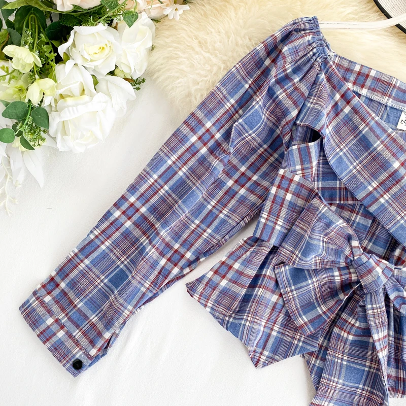 Новинка Женская Сексуальная Повседневная Блузка с открытыми плечами клетчатые