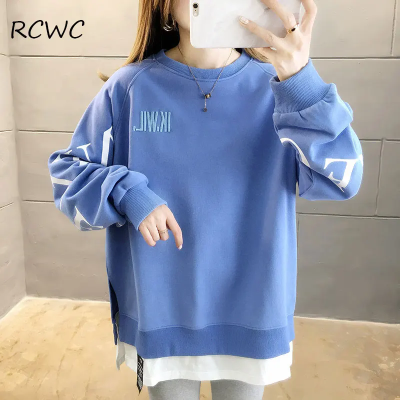 

RCWC Sweatshirt Women Hot Sale Europe America Fake Two-Piece Embroidered Split Large Size Loose Casual Sweatshirt This Season