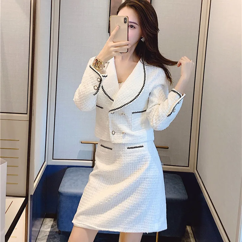 Маленький ароматный белый твидовый костюм зимний женский элегантный двубортный