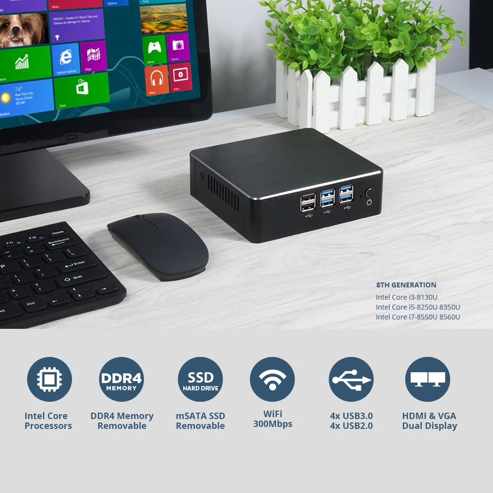 Мини-ПК 8-й процессор Intel Core i7 8550U i5 i3 DDR4 HDMI Windows 10 8 Linux 4K UHD HTPC Настольный неттоп
