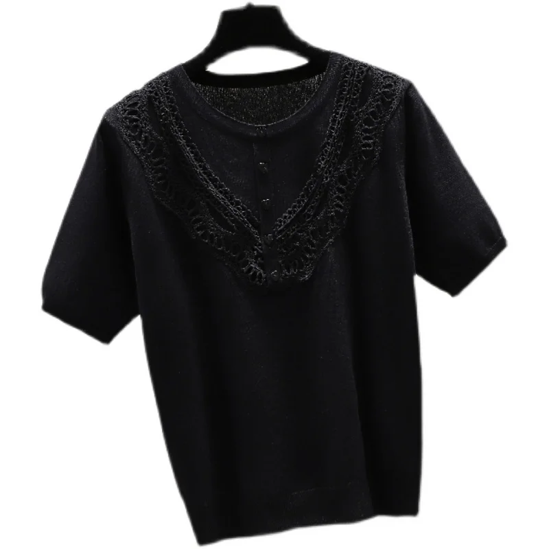 

New Summer Ice Silk Short Sleeve Sweater T-shirt Women's 2021 Loose O-neck Top Casual Bottom Knitwear Femme Pullover Tops
