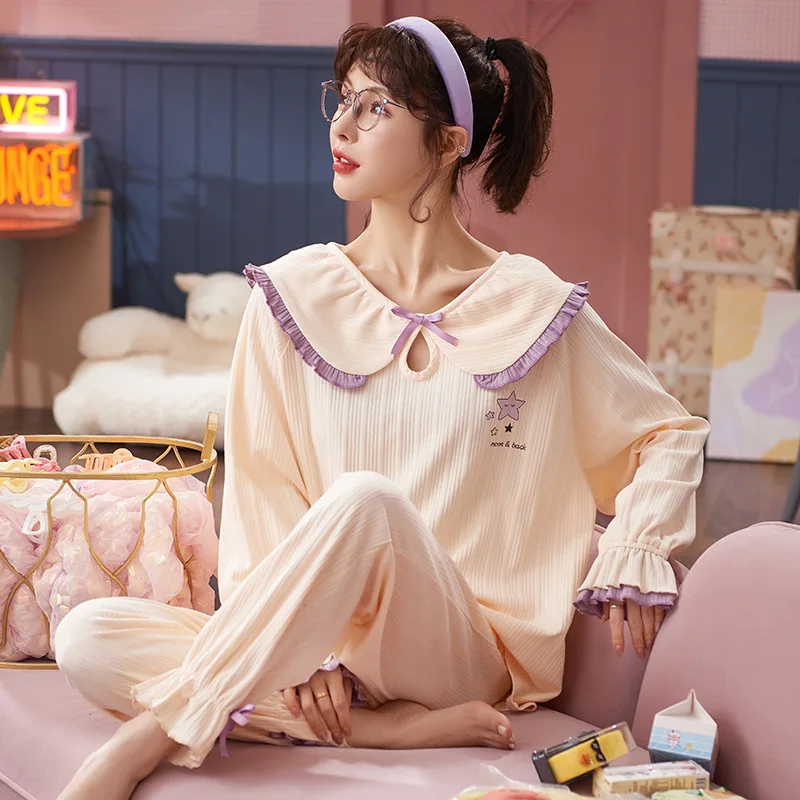 

Sweet Purple Lace Women Long Sleeve Pajamas Set Cotton Winter Homewear Plus Size Sleepwear Kawaii Cartoon Purple Stars Sleepwear