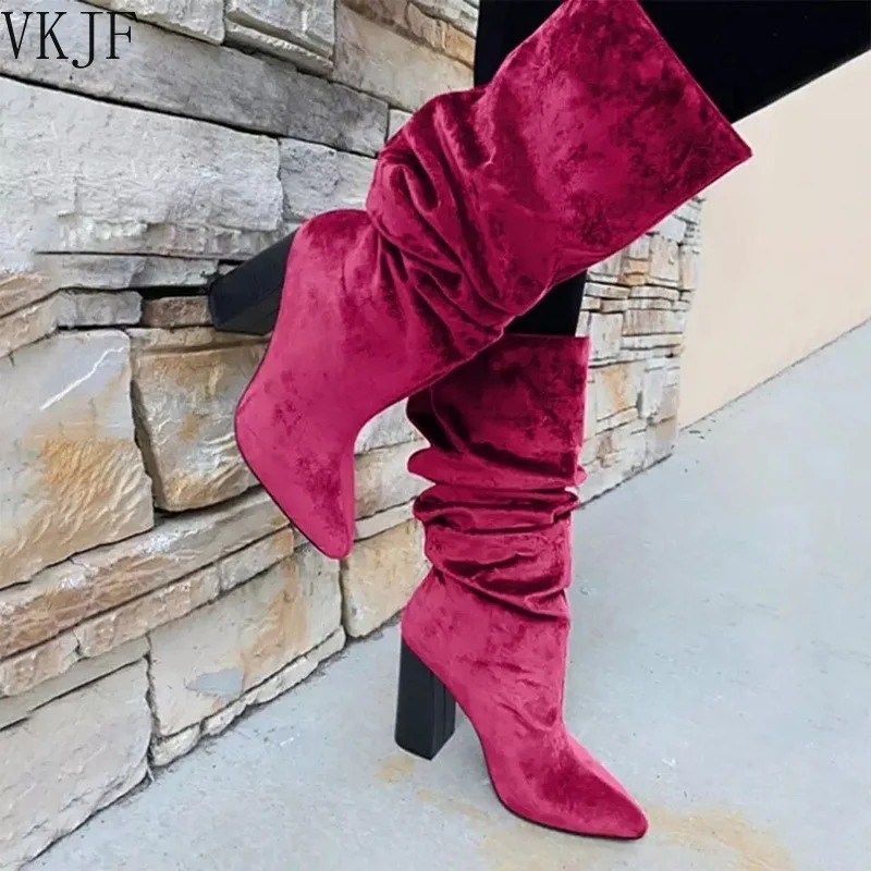 

Woman Mid Calf Boots Chunky Heels Pointed Toe Women's Sock Boot Slip on Flock Solid 2021 Autumn New Sexy Street Style Fashion