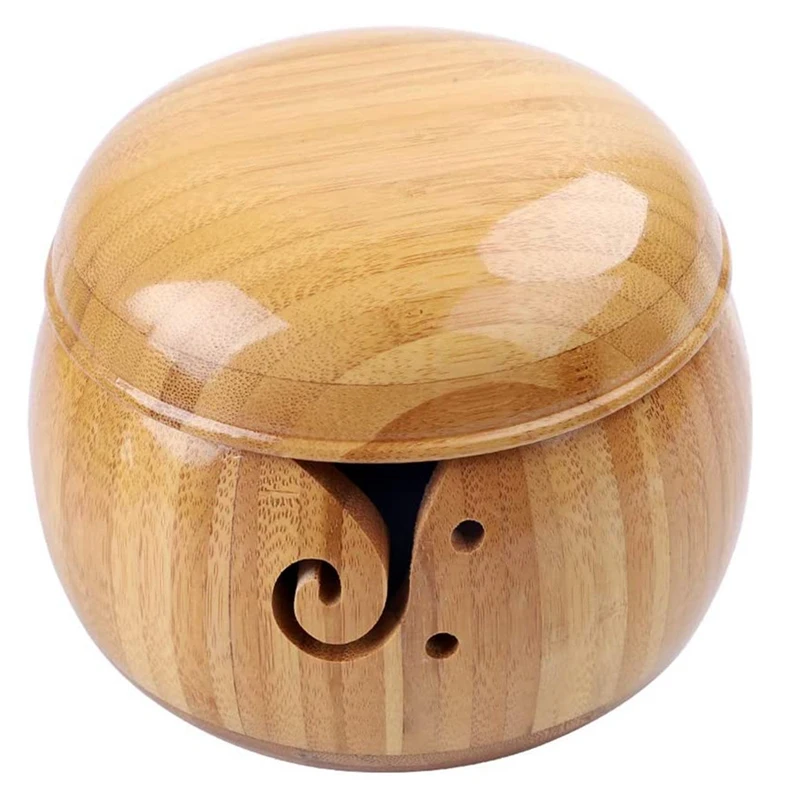 

Bamboo Knitting Bowl,Handmade Needlework Yarn Bowl Holder with Removable Lid Holes,Wool Knitting Storage Bowl