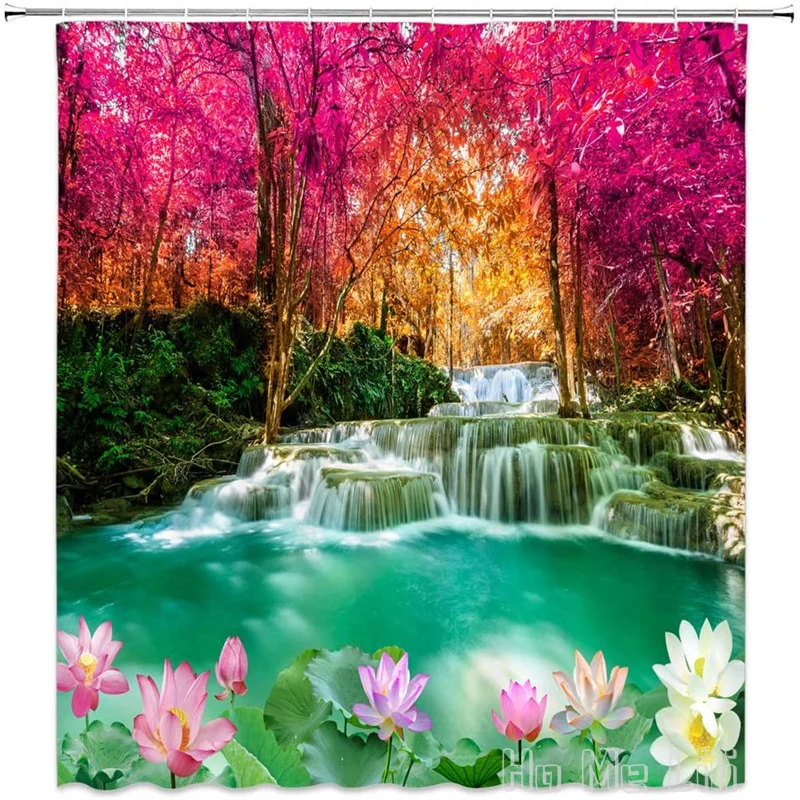 

Forest Waterfall By Ho Me Lili Shower Curtain Autumn Dreamy Wonderland Green Lake Lotus Pond Romance Bathroom Decorwith Hook