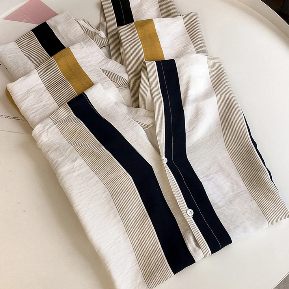 

Women Summer Casual Striped V Neck Loose Half Sleeve Polyester T-shirt Blouse